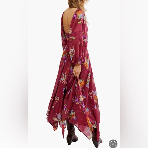 Free People Morning Glory Floral Smocked Burgundy  Long Sleeve Maxi Dress NWT M - Picture 2 of 9